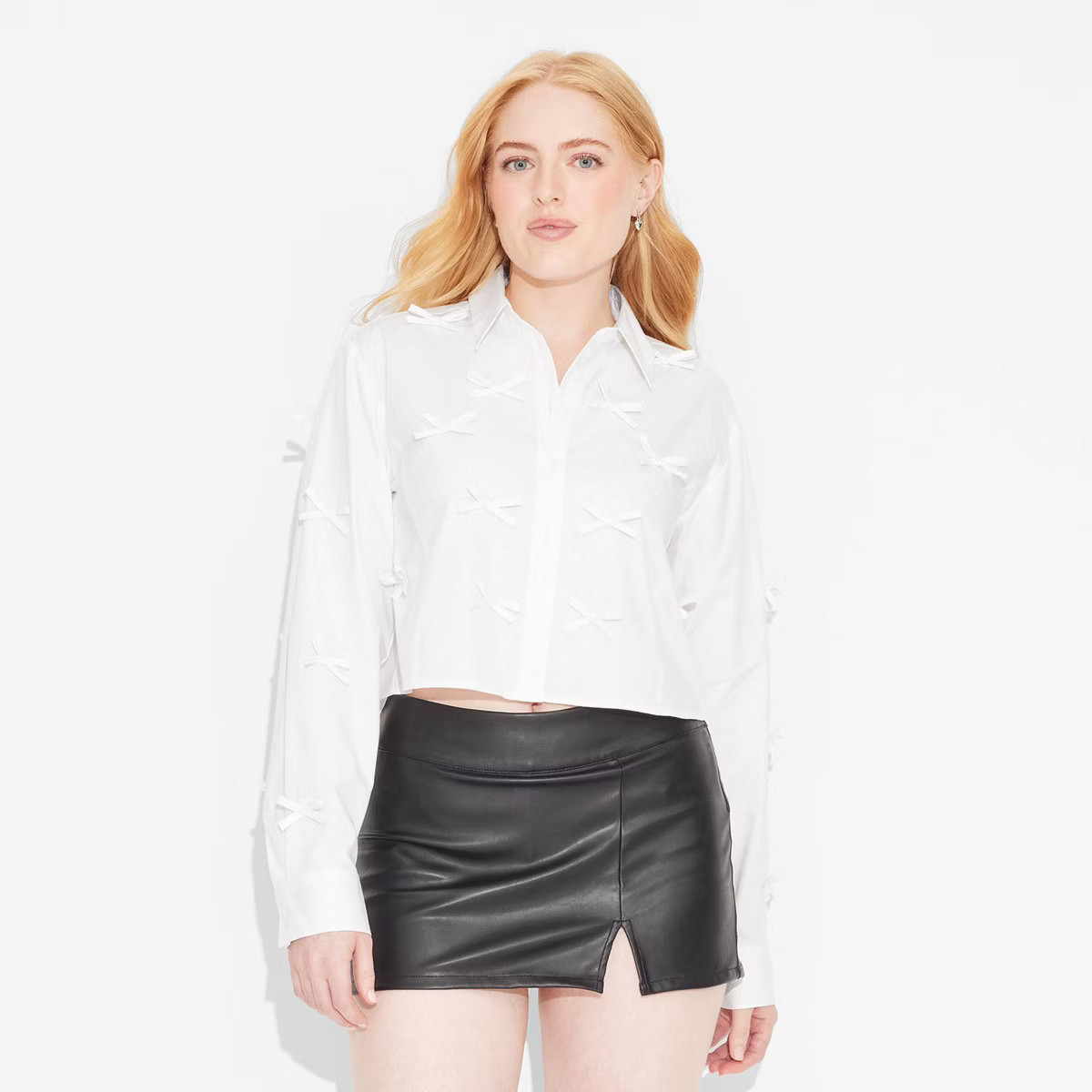 Women's Long Sleeve Cropped Bow Button-Down Shirt - Wild Fable™ White M | Target