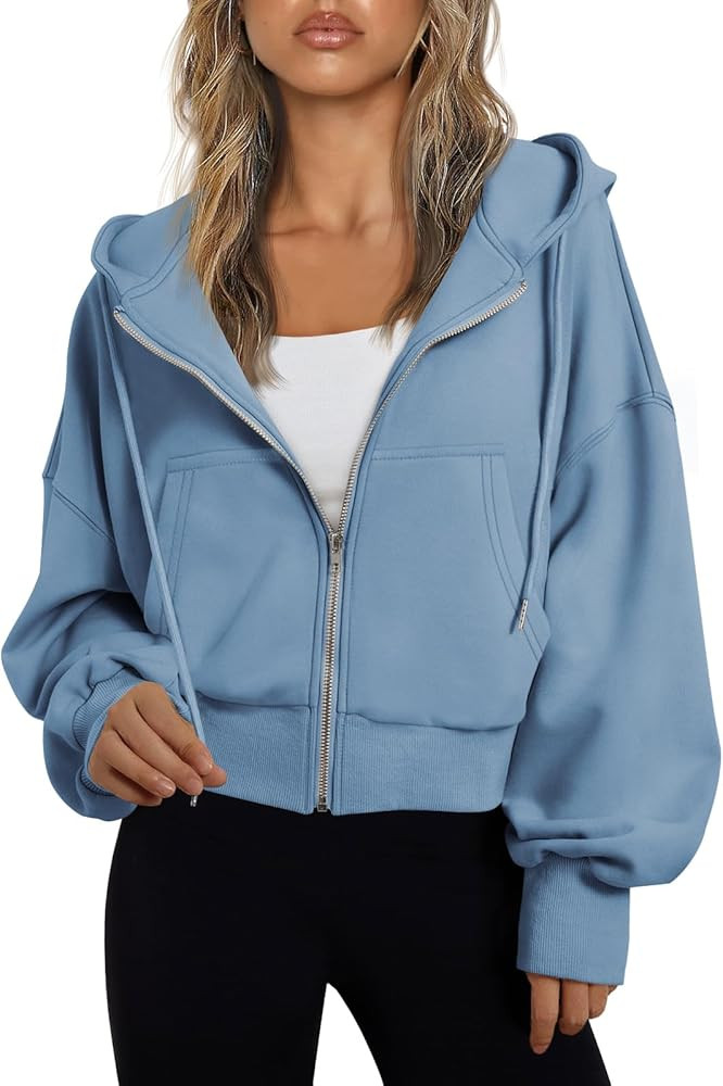 Trendy Queen Hoodies for Women Full Zip Up Cropped Sweatshirts Jackets Casual Comfy Gym Tops Fall... | Amazon (US)