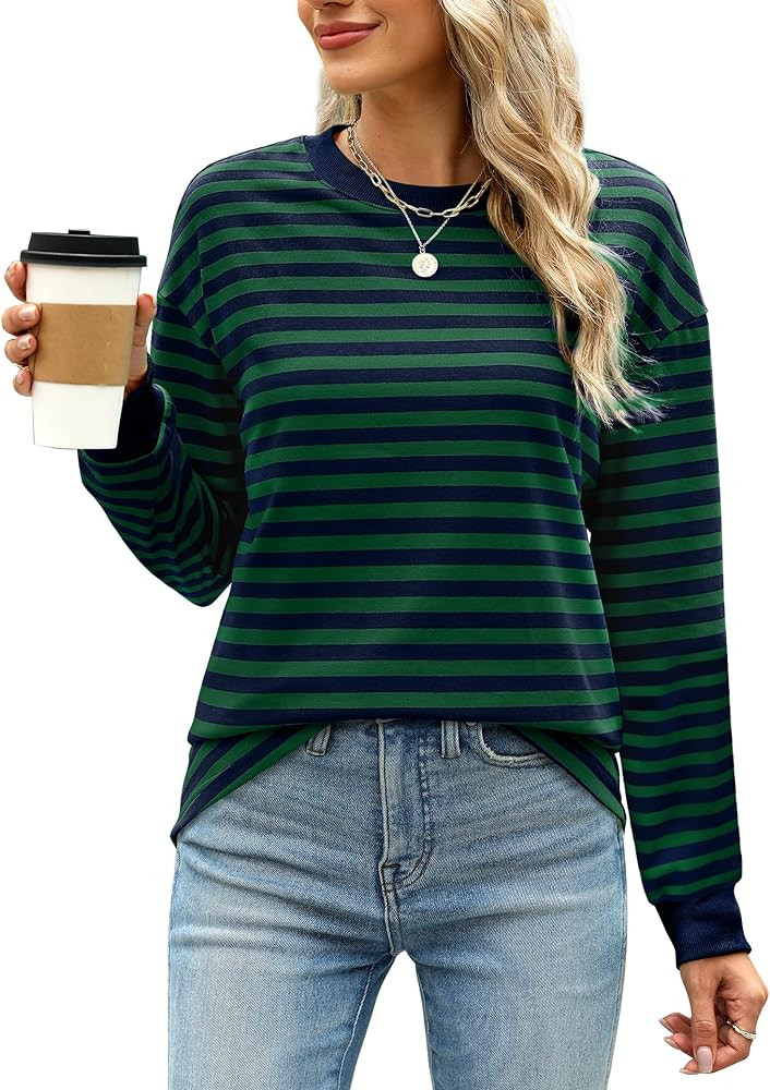 WIHOLL Womens Tunic Tops Long Sleeve Striped Shirts Crewneck Tops | Amazon (US)