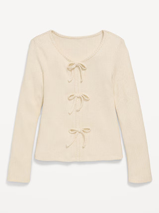 Fitted Long-Sleeve Ribbed Bow-Tie Top for Girls | Old Navy (US)