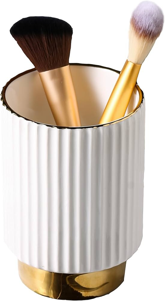 IEEK Makeup Brush holder Organizer,Glass Cosmetic Makeup Brush Cup Ceramics Brushes Storage Holder,White and Gold Modern Make Up Brush Cup Pen Pencil Holder Striped Vase | Amazon (US)