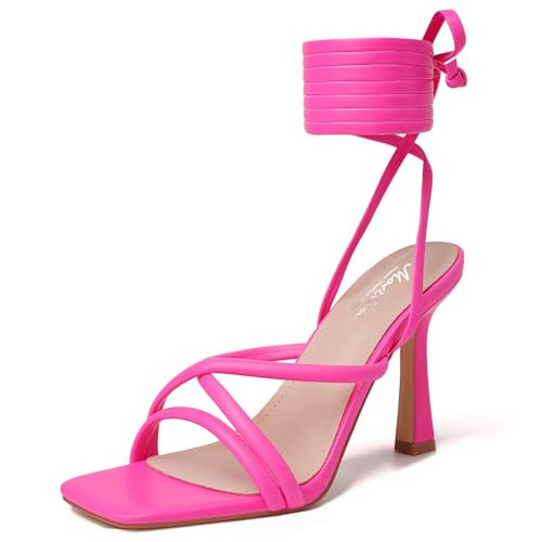 Mostrin Hot Pink Strappy Heels for Women Lace Up Heels Sexy Tie Up Stiletto Heeled Sandals Square Open Toe High Heels for Prom, Party and Weddings Size 7 | Amazon (US)