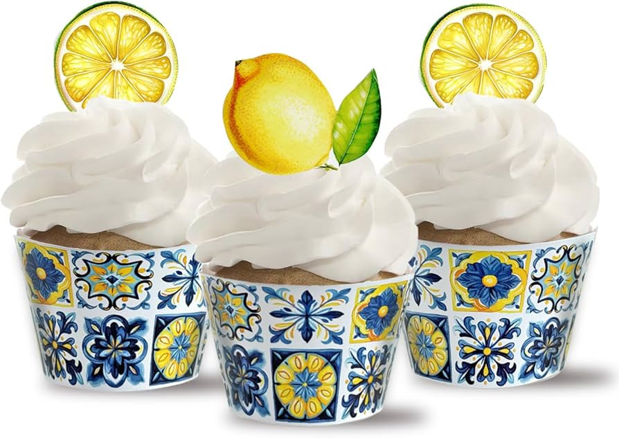 Blue Tile and Lemons Cupcake Wrappers,Mediterranean Tiles,24 Lemon Cupcake Toppers +Cupcake Wrapp... | Amazon (US)