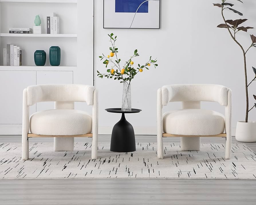 White Boucle Barrel Accent Chairs Set of 2, Comfy Upholstered Living Room Chairs Mid-Century Mode... | Amazon (US)