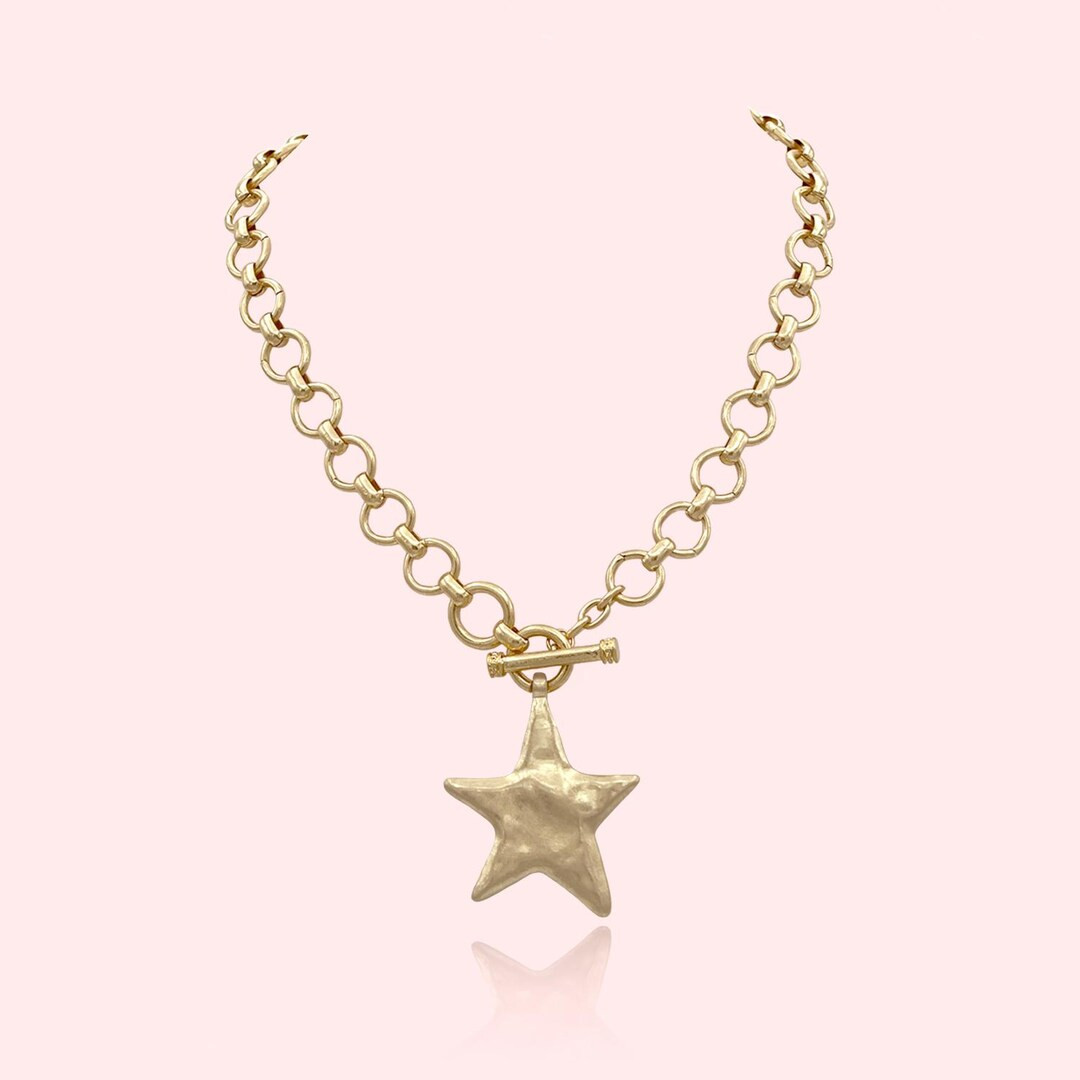 Hammered Bold Star Necklace Thick Chain Set, Chunky Star Statement Pendant Toggle Necklace, Handm... | Etsy (US)