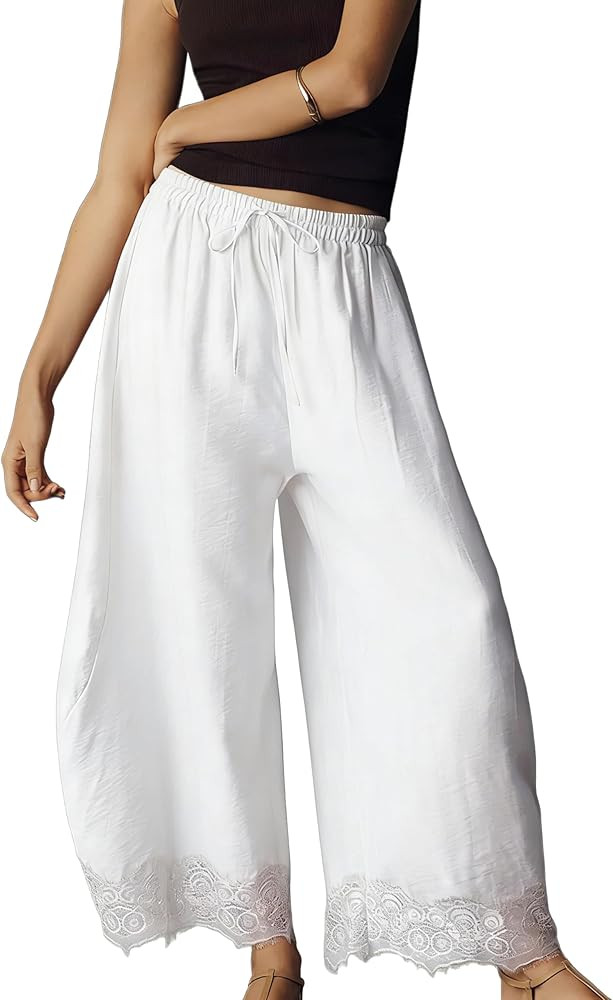 Women's Cropped Pants Lace Hem Pants Summer Boho Drawstring Beach Wide Leg Lounge Trousers with P... | Amazon (US)