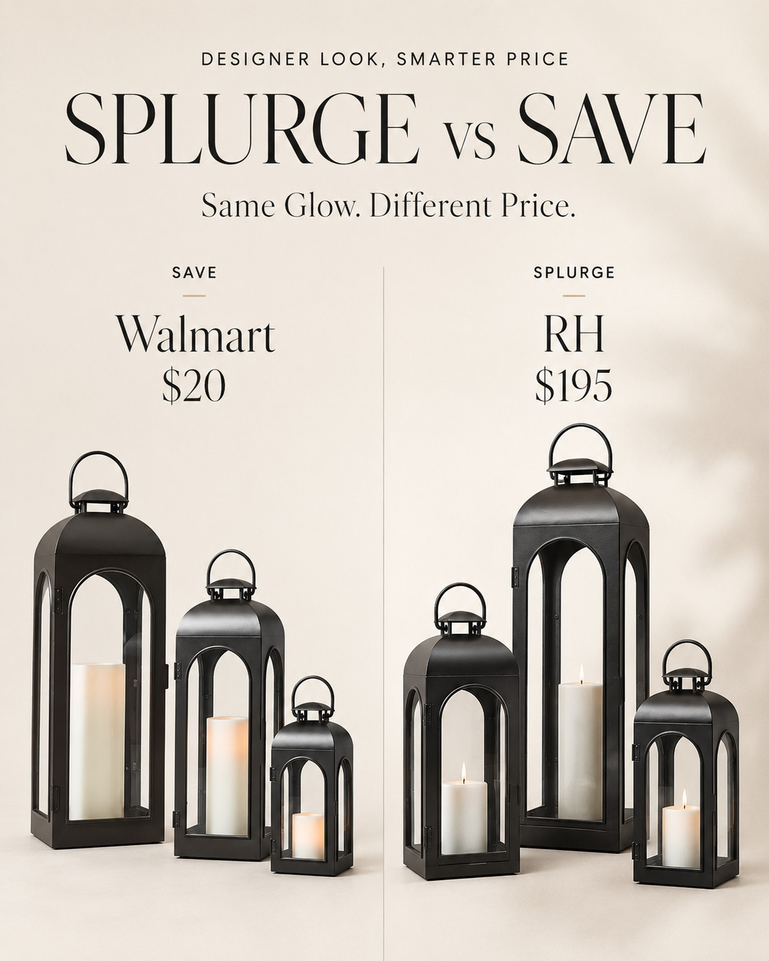 These black lanterns are such a good designer look for less! I found a Walmart option with the same modern, moody style as the RH lantern set—perfect for creating a cozy glow on your porch, patio, entryway, fireplace, or dining table.

Style them with LED candles for an easy high-end look without the high-end price. A simple decor find that instantly makes your space feel more polished. 

 #WalmartFinds #LanternDecor #OutdoorDecor #HomeDecorFinds #DesignerLookForLess #AffordableHomeDecor #PatioDecor #FallHomeDecor #CozyHomeStyle #LTKOver40 #LTKHome #LTKSaleAlert