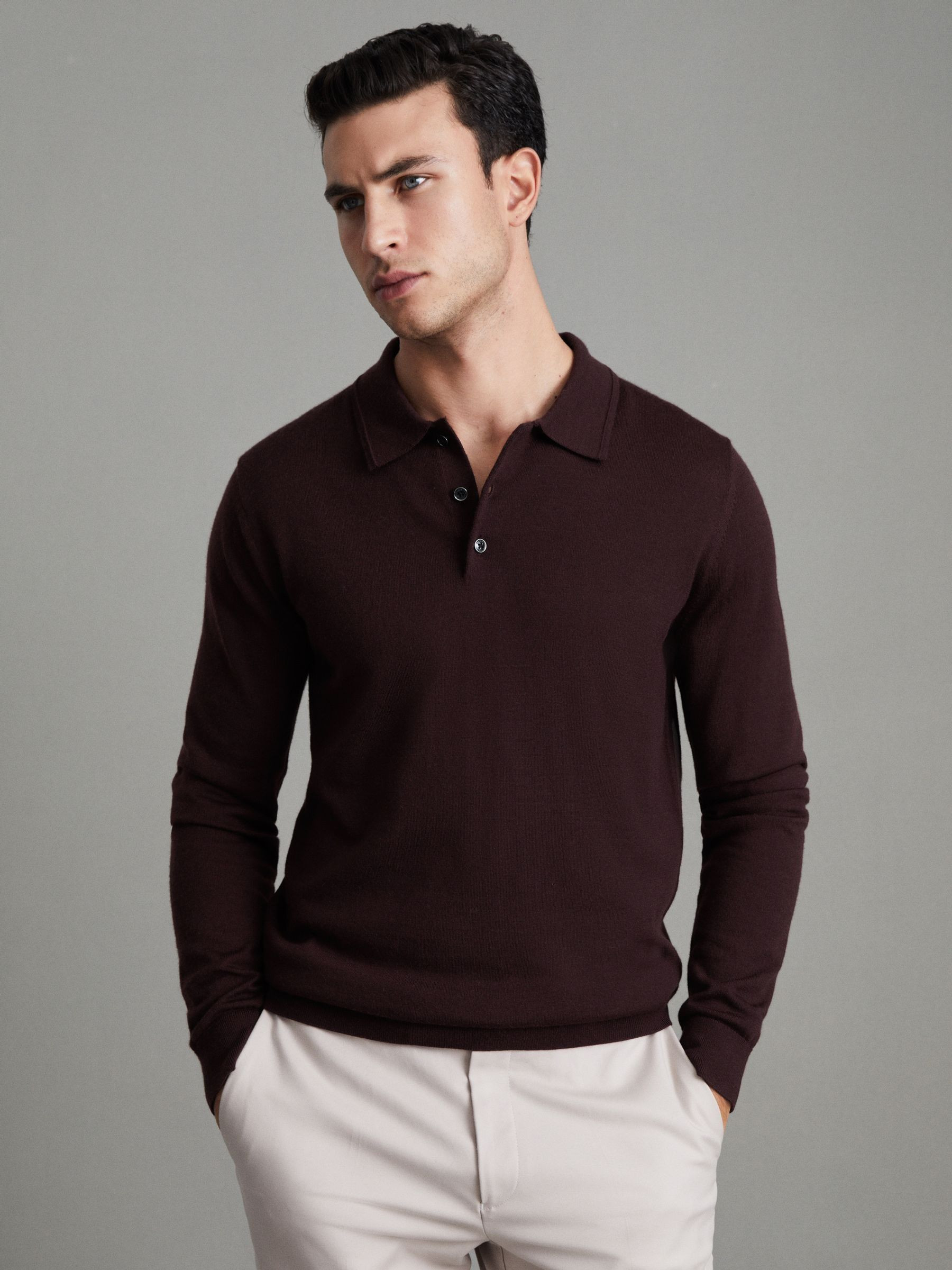 Merino Wool Polo Shirt in Dark Bordeaux | Reiss UK