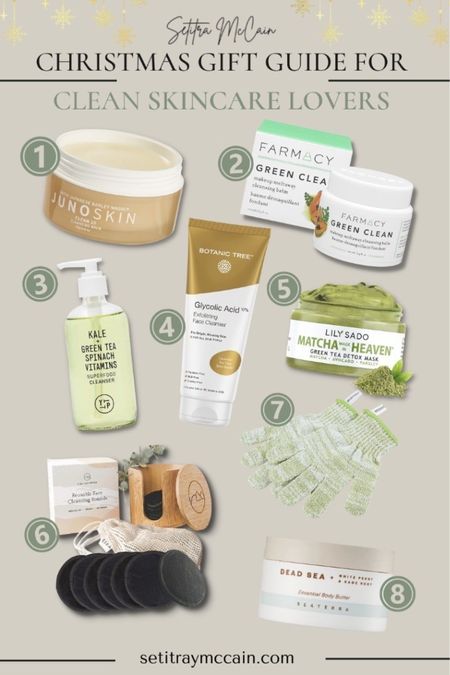 Christmas Gift Guide for Clean Skincare Lovers: Junoskin, Farmacy Green Clean, Youth to the People, Exfoliating Gloves EcoTools, Reusable Makeup Remover Pads (microfiber cloths), Body Butter, Lily Sado, Matcha, face mask, clean beauty. Serum, toner, moisturizer, vegan skincare products.

#LTKGiftGuide #LTKbeauty #LTKHoliday