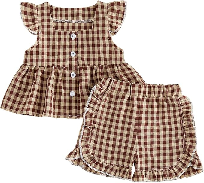 Giraropa Toddler Girl Outfits Set Ruffled Button Strap Crop Tops Plaid Shorts Set Matching Bowkno... | Amazon (US)