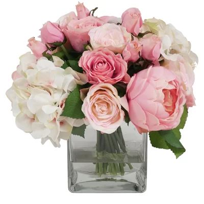 Faux Pink & White Assorted Flowers in Glass Vase | Wayfair North America