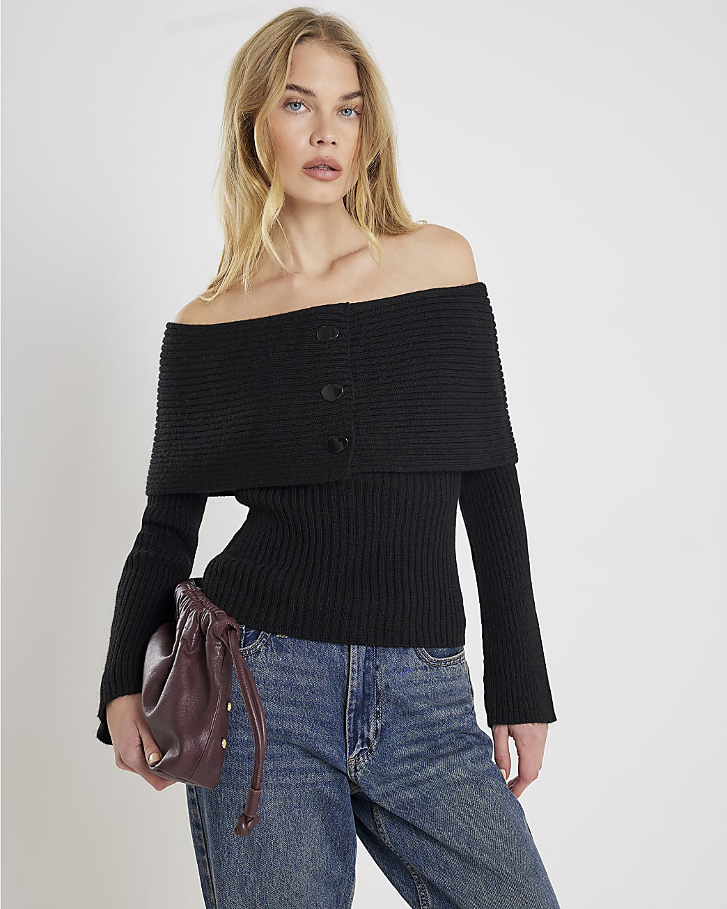 Black Knitted Long Sleeve Bardot Jumper | River Island UK & IE
