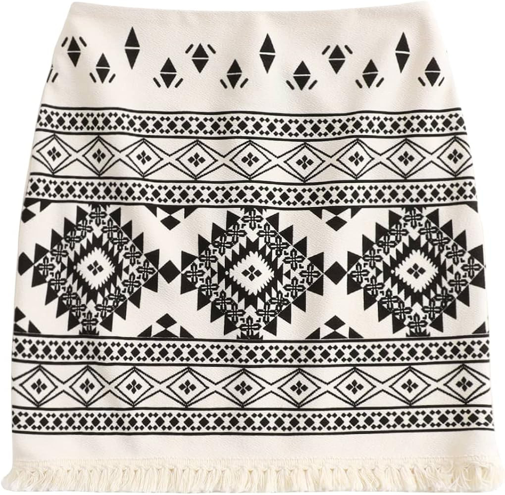 Floerns Women's Boho Geo Print Fringe Hem Bodycon Mini Skirt | Amazon (US)