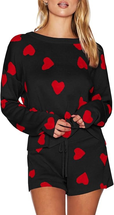 Saodimallsu Women’s Valentine's Day Pajama Set Hearts Print Lounge Sets Long Sleeve Sweater and... | Amazon (US)