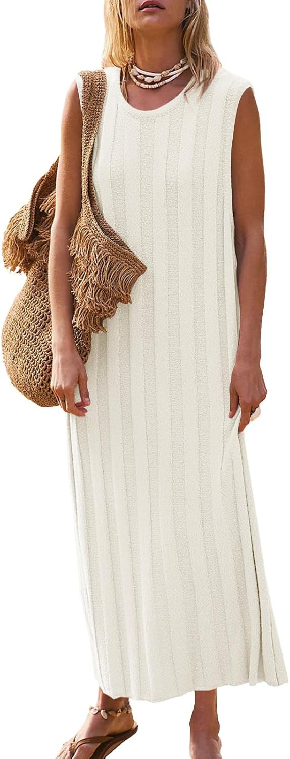 Fisoew Women's Summer Sleeveless Maxi Dress Scoop Neck Ribbed Knit Tank Top Dresses | Amazon (US)