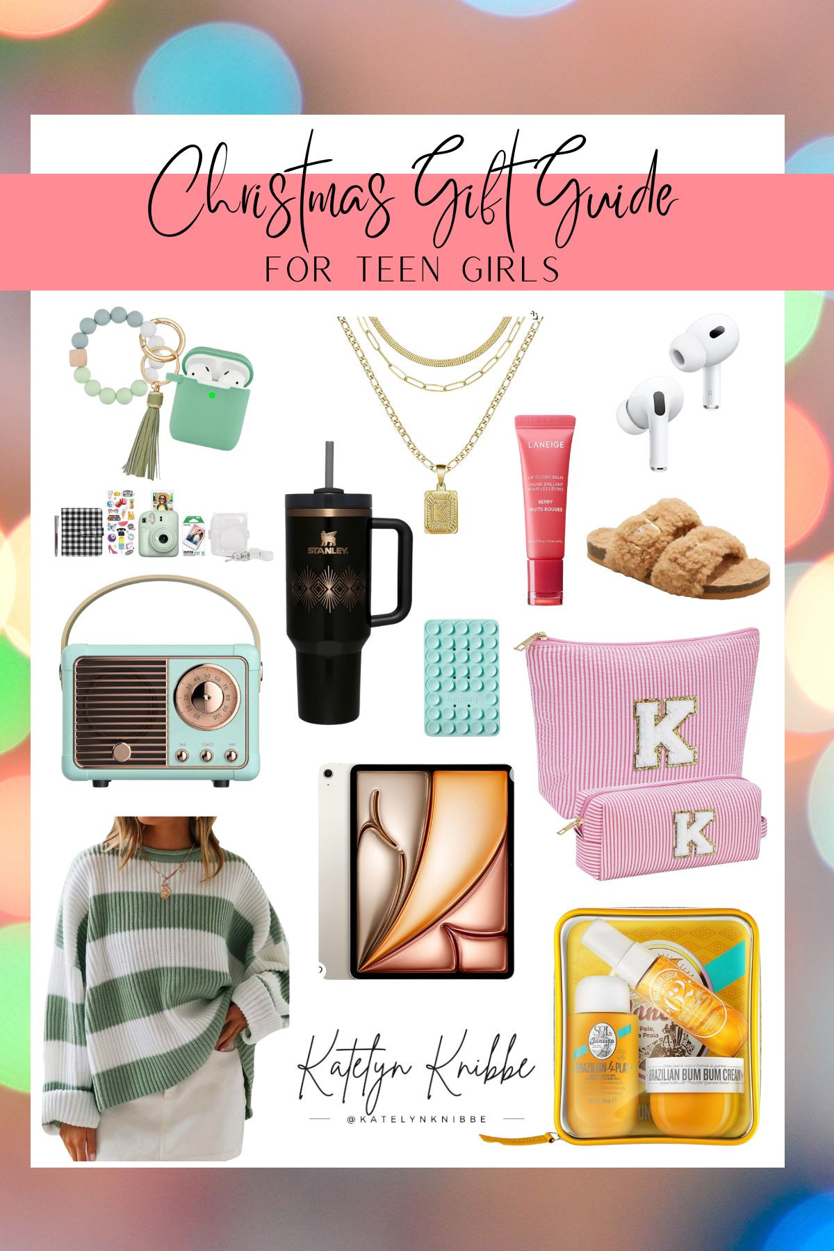 Christmas gift guide for teen girls. Gold stackable necklace with initial on it, apple air pods and case, apple iPad, lip mask, slippers, makeup bag, stanley cup, Bluetooth speaker vintage, body spray, cozy sweater, phone suction, fuji polaroid camera gift set 

 #LTKGiftGuide #LTKHoliday #LTKBeauty