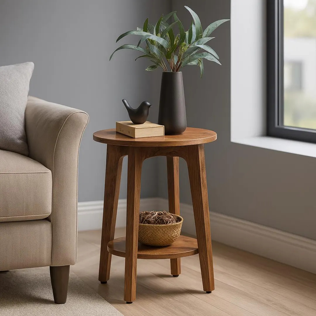 Rustic Walnut Round Side Table, 2-Tier Nightstand | Etsy (US)
