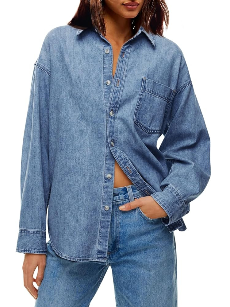 Cicy Bell Womens Oversized Denim Shirt Jean Jacket 2025 Fall Fashion Button Down Shirts Long Slee... | Amazon (US)