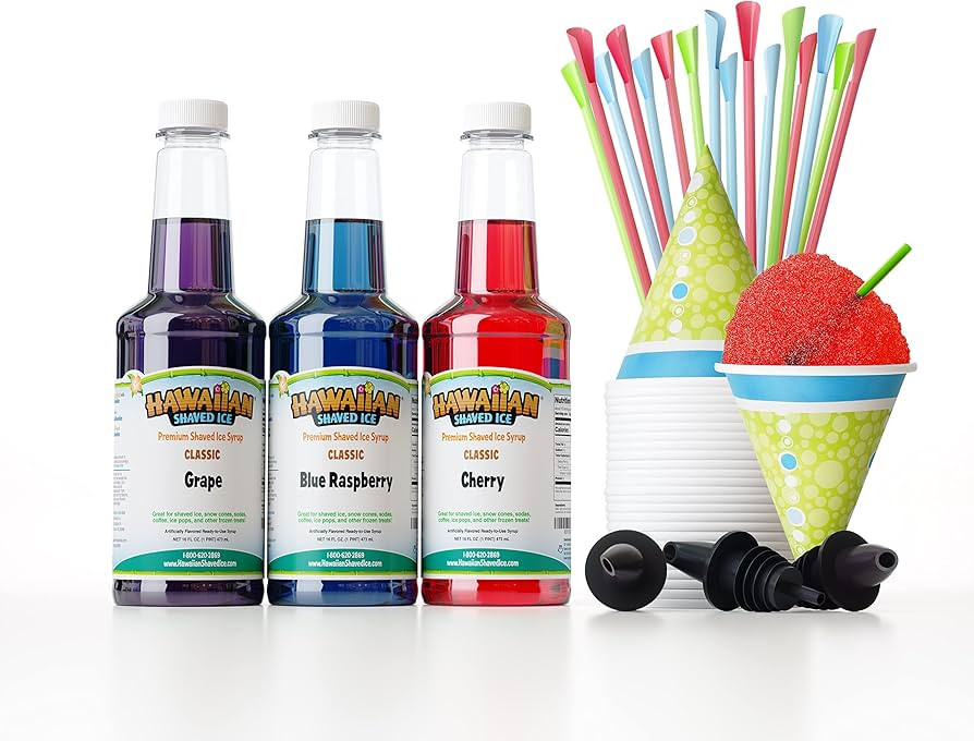 Hawaiian Shaved Ice Syrup Assortment with 3 - 16oz Bottles, 25 Snow Cone Cups, 25 Spoon Straws, a... | Amazon (US)