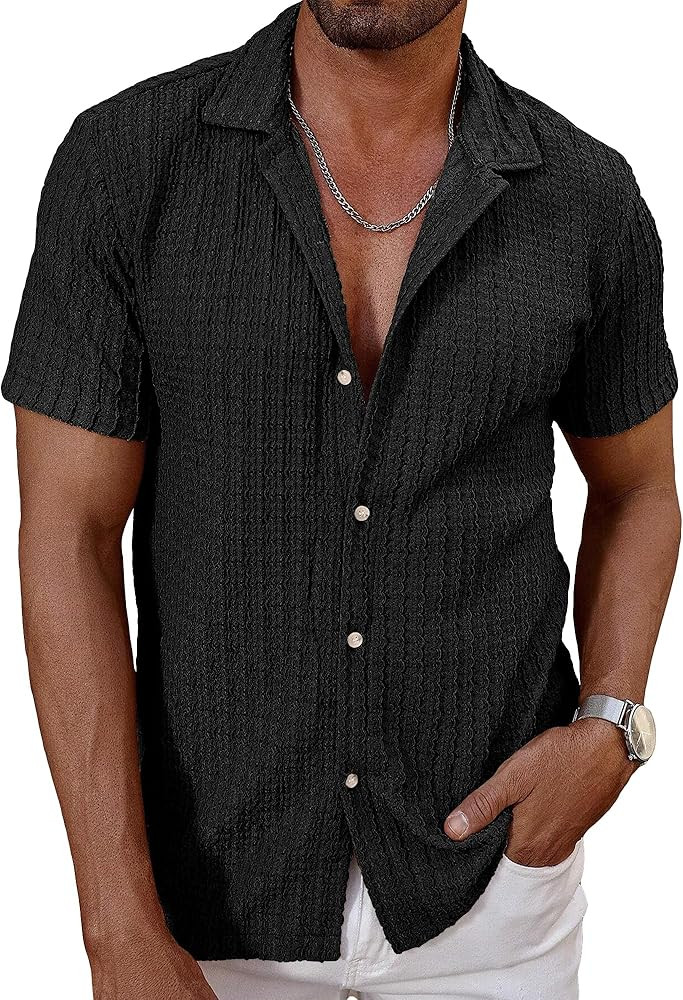 HOTake Men's Casual Summer Beach Shirts Button Down Short Sleeve Crochet Guayabera Shirts | Amazon (US)
