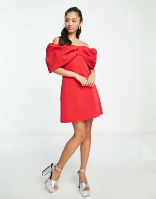 Ever New fallen shoulder bow mini dress in red | ASOS (Global)