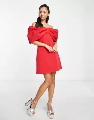 Ever New fallen shoulder bow mini dress in red | ASOS (Global)