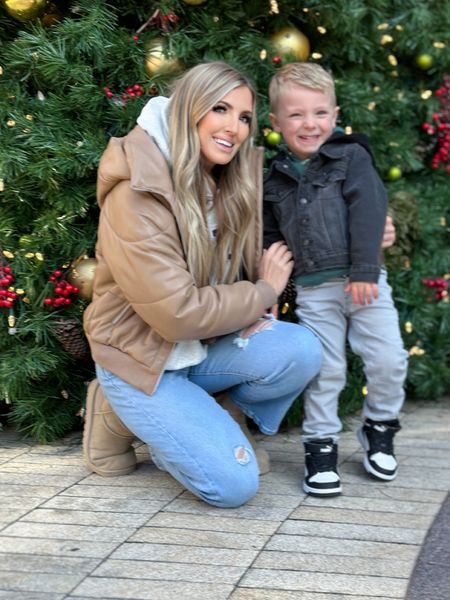 Christmas shopping with this little monkey — obsessed with & forever wearing this faux leather coat from alo yoga. My coat is size S. Jeans size 25. 

#mommyandme #toddlerfashion #boymom #alo 

#LTKover40 #LTKstyletip #LTKCyberWeek