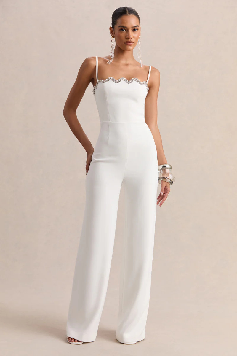Calira  White Scalloped Square-Neck Jumpsuit | Club L London