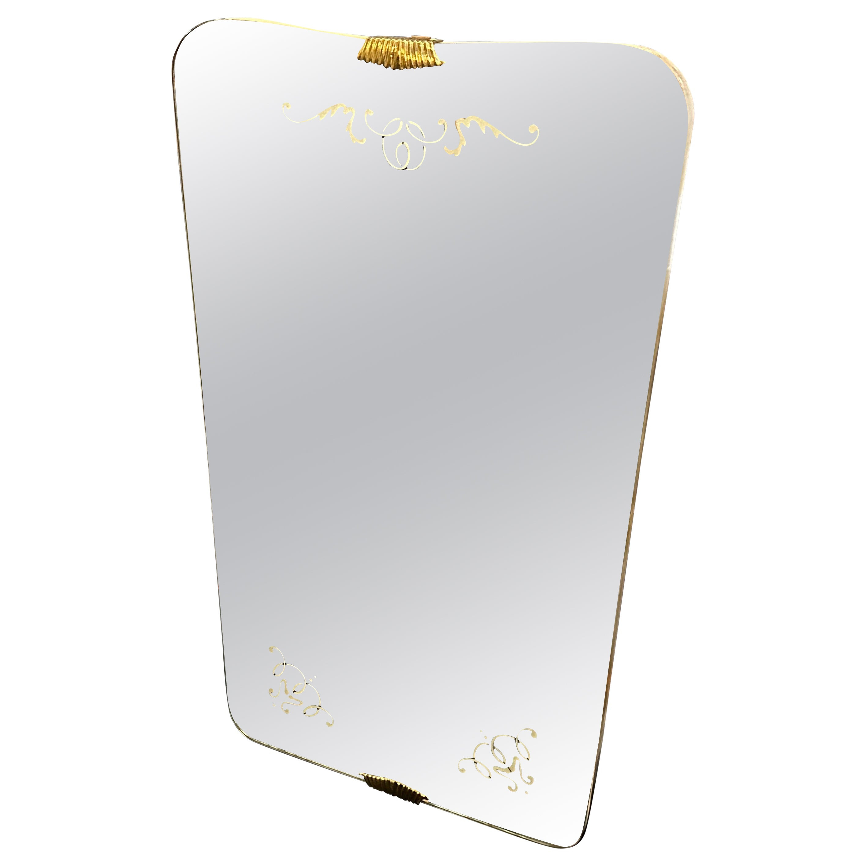 1940s Gio Ponti Style Art Deco Brass and Etched Glass Italian Wall Mirror | 1stDibs