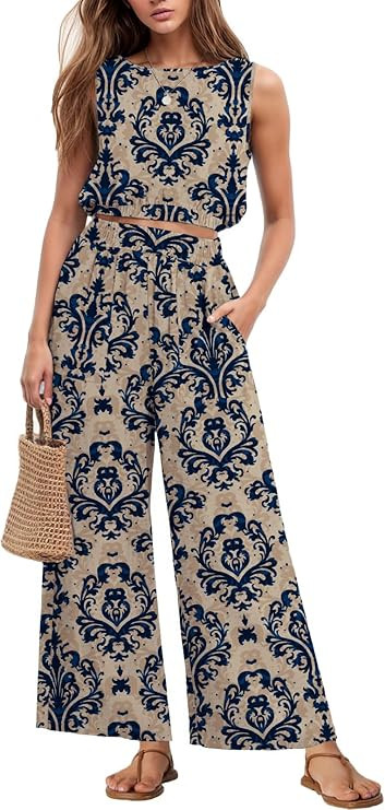 GRECERELLE Two Piece Sets for Women Sleeveless Crop Top Wide Leg Pants Sweat Set for Women Tracks... | Amazon (US)