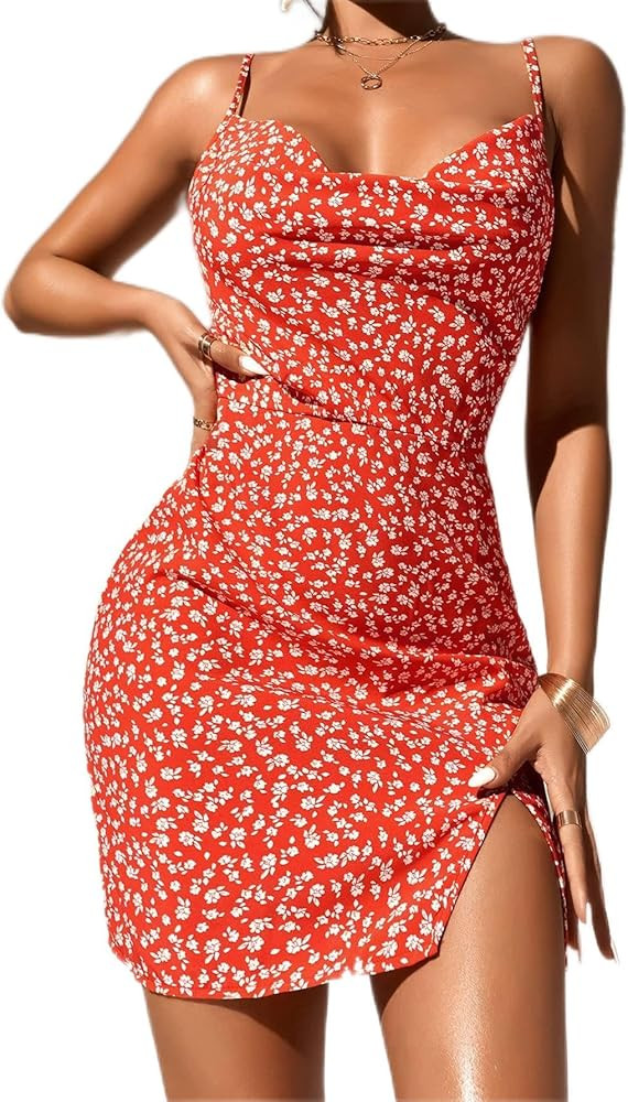 Dress Summer Dress for Women Floral Print Draped Collar Split Hem Cami Dress Dress for Women | Amazon (US)