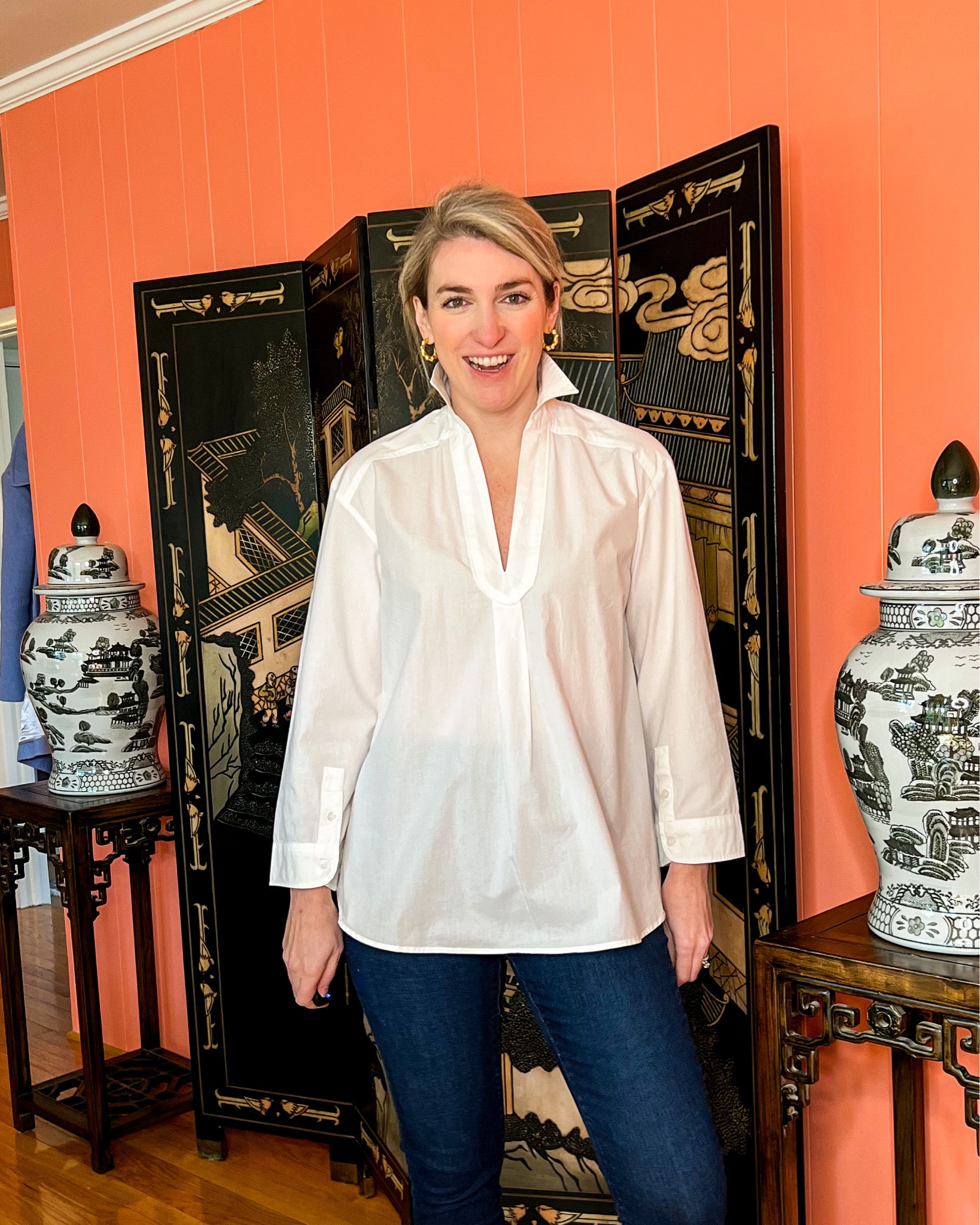 This the by Anthropologie Henley Shirt from Anthro. It has an oversized and very casual feel to it. I like the collar standing up to accentuate the v-neck. The back is definitely longer and it’s split at the sides. True to size; you may be able to size down.