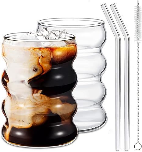 Ework4U 2 Pcs Drinking Glasses with Glass Straw 14oz Glassware Set,Cocktail Glasses,Iced Coffee G... | Amazon (US)