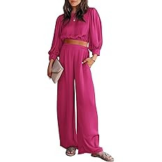 PRETTYGARDEN Women's 2 Piece Satin Outfits Casual Puff Sleeve Crop Tops and Long Palazzo Pants | Amazon (US)