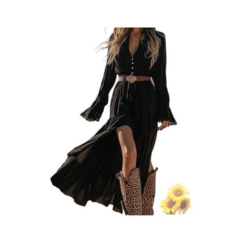 Womens Vintage Western Cowgirl Dresses, Lace Deep V Neck Long Sleeve Maxi Dress, Vintage Boho Western Dresses (Black-F,Large) | Amazon (US)