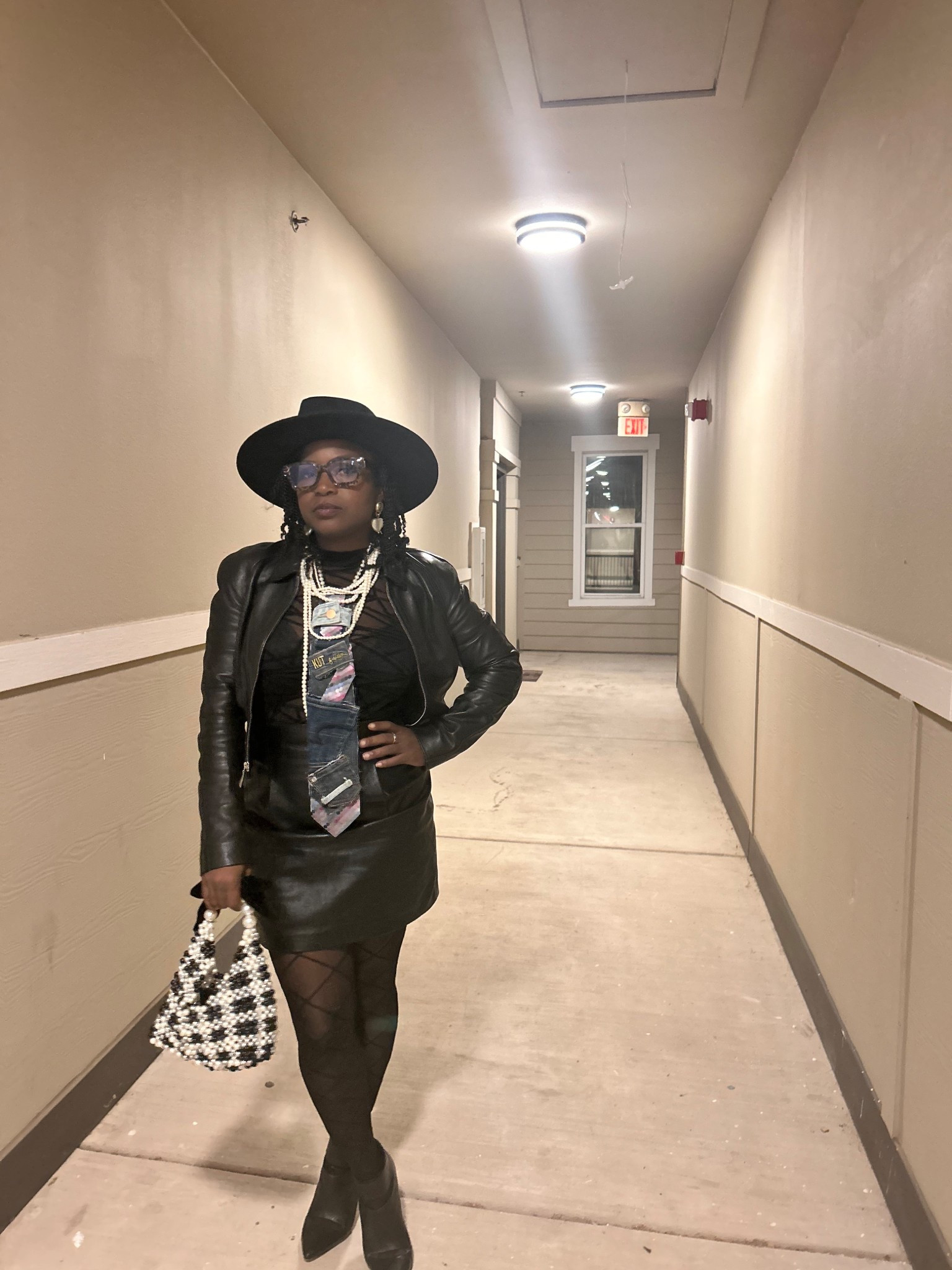 Hat is custom made by @feltonlove. Decorative tie made by me! (Yes, I make ties) leather jacket and shirt is by Dana Buchman. Thrifted. Nylons and purse from target. 

#LTKPetite #LTKootd #LTKOver40