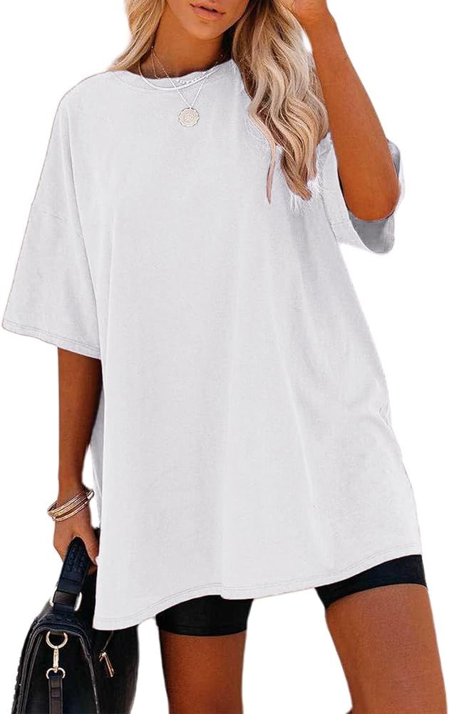 Remidoo Women's Casual Solid Crewneck Short Sleeve Oversized T Shirt Drop Shoulder Tops | Amazon (US)