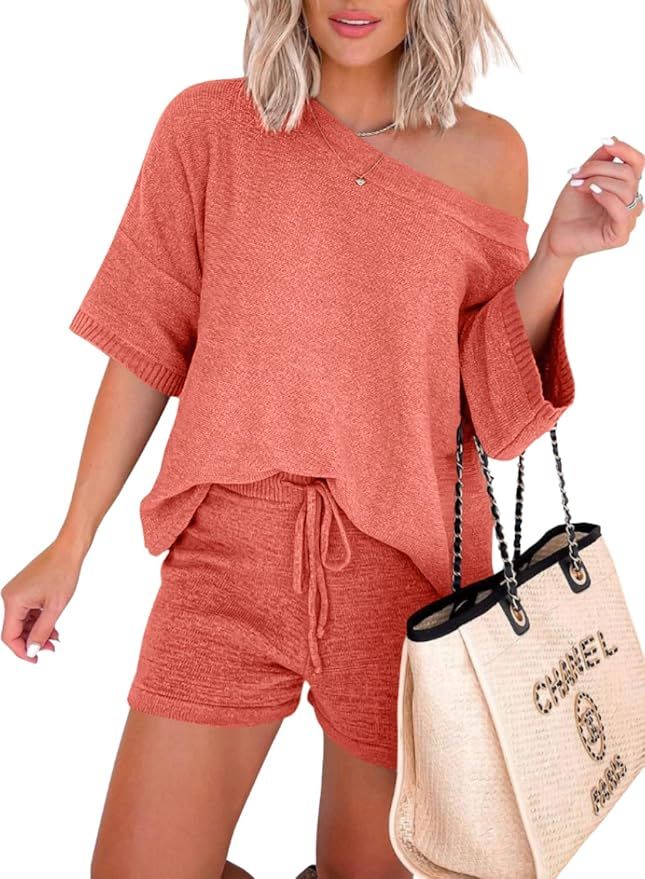 Goranbon Women's 2 Piece Outfits Loungewear Set Knit Pullover Pajama Short Sets | Amazon (US)