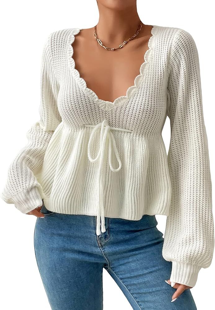 Verdusa Women's Bishop Long Sleeve Deep V Neck Tie Front Knit Sweater Peplum Top | Amazon (US)