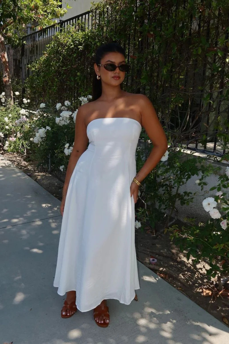 Rhodes White Linen Strapless Midi Dress | 12th Tribe