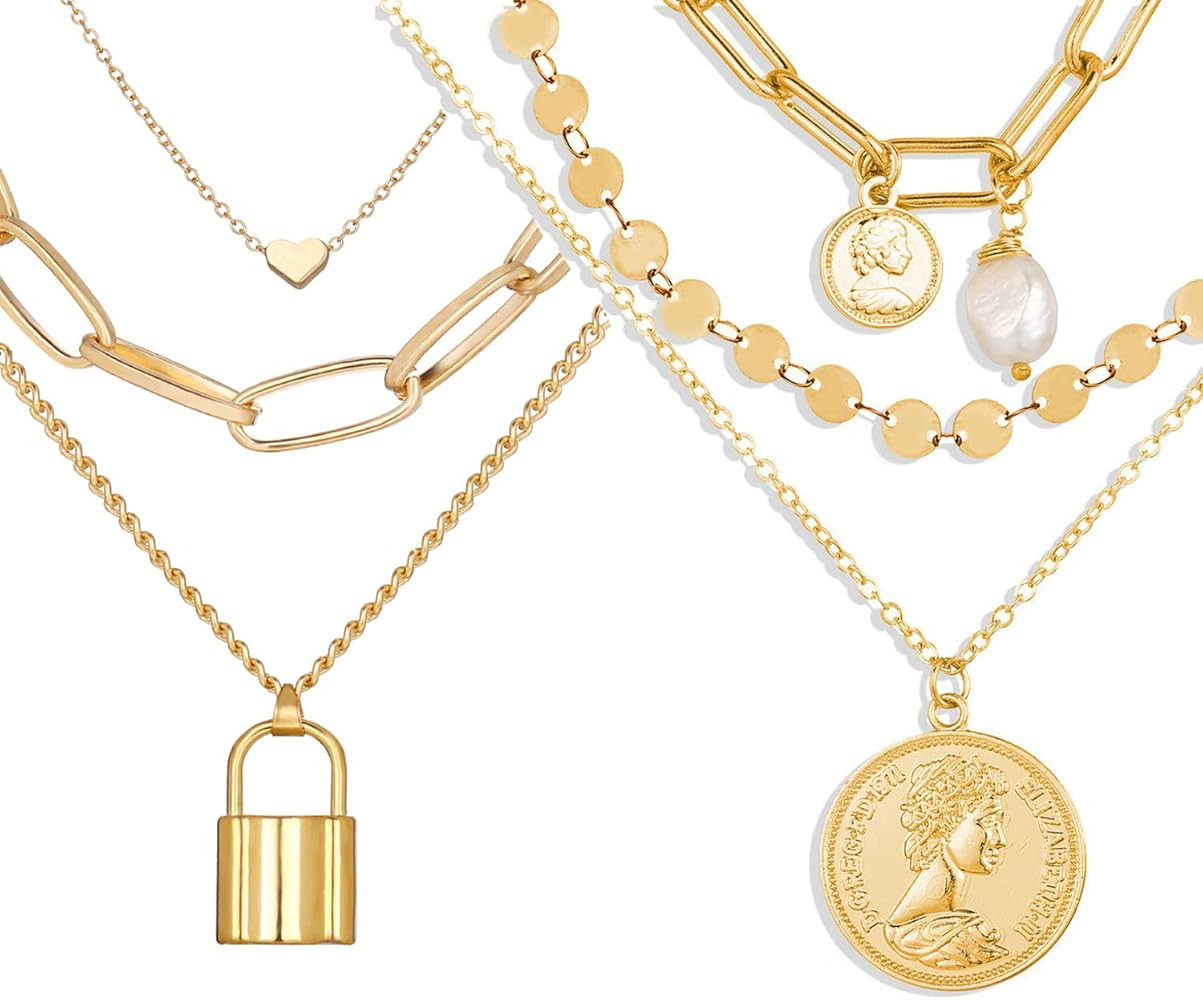 Neckcely 2 Pcs Dainty Layered Choker Necklaces Handmade Lock Heart Pendant Multilayer Adjustable Lay | Amazon (US)