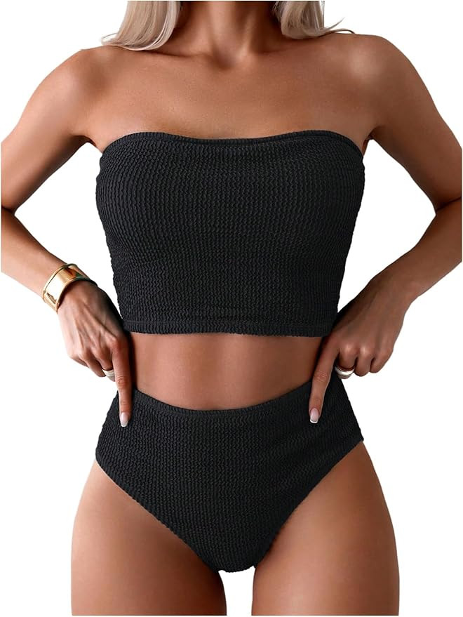 OYOANGLE Women's 2 Piece Strapless Swimsuit High Waisted Smocked Bandeau Bathing Suit | Amazon (US)