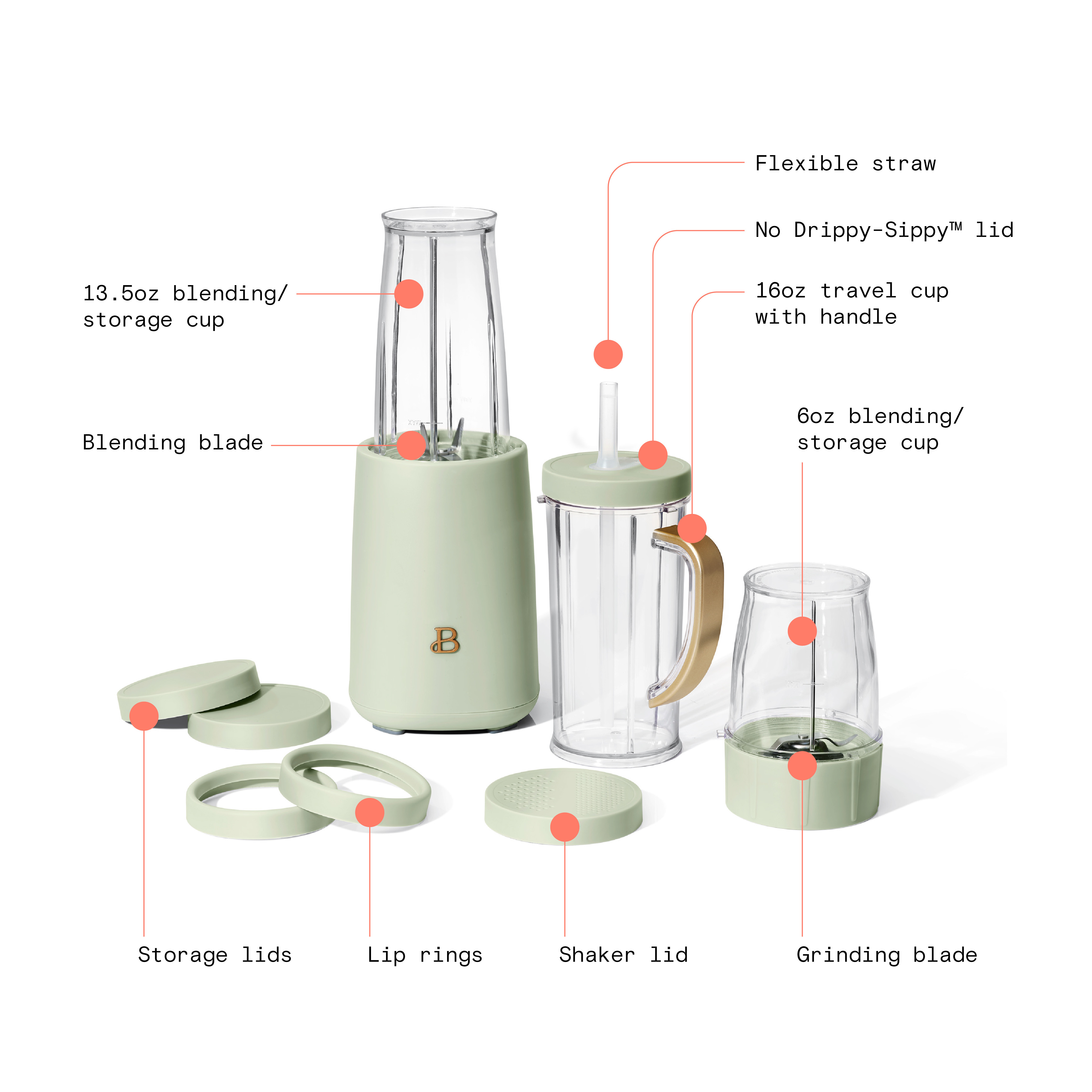 Beautiful Personal Blender Set with 12 Pieces, 240 W, Sage Green by Drew Barrymore - Walmart.com | Walmart (US)