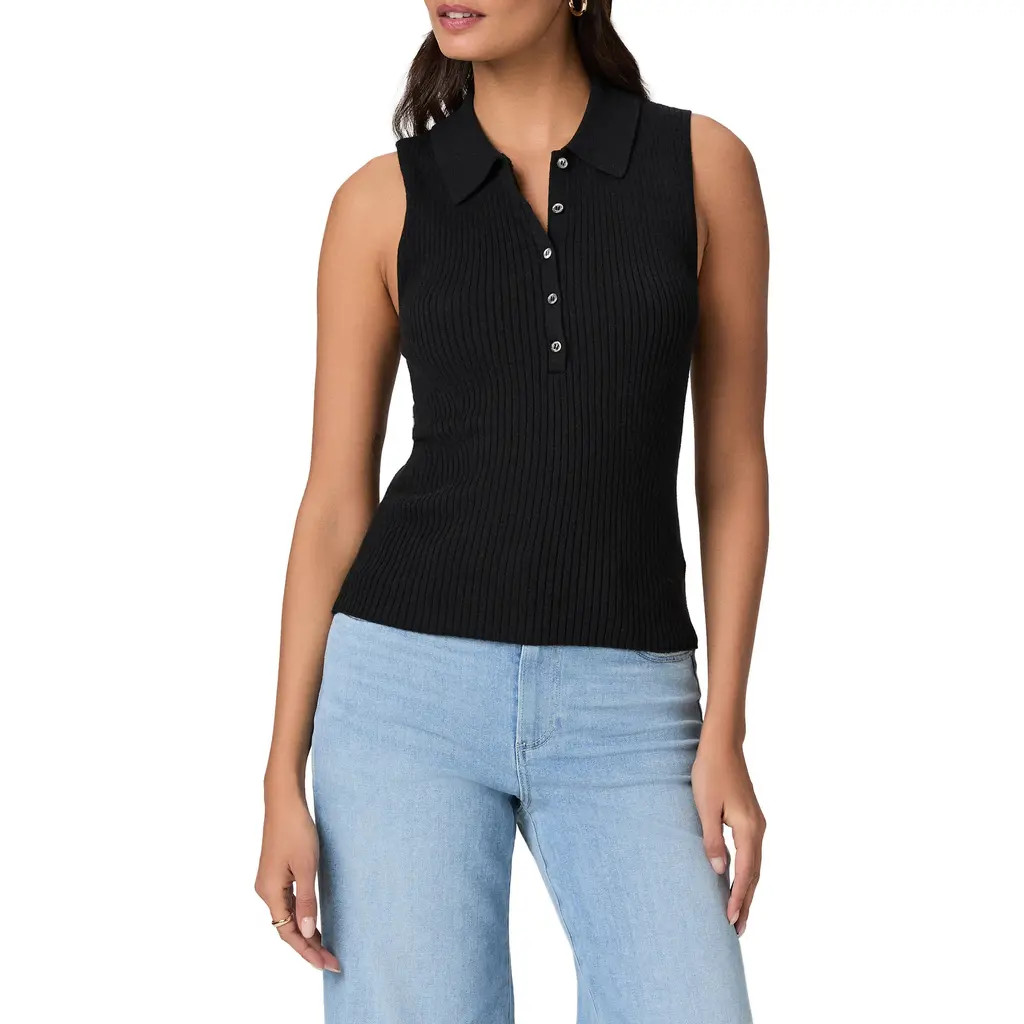 PAIGE Vesta Rib Sleeveless Polo in Black at Nordstrom, Size Large | Nordstrom