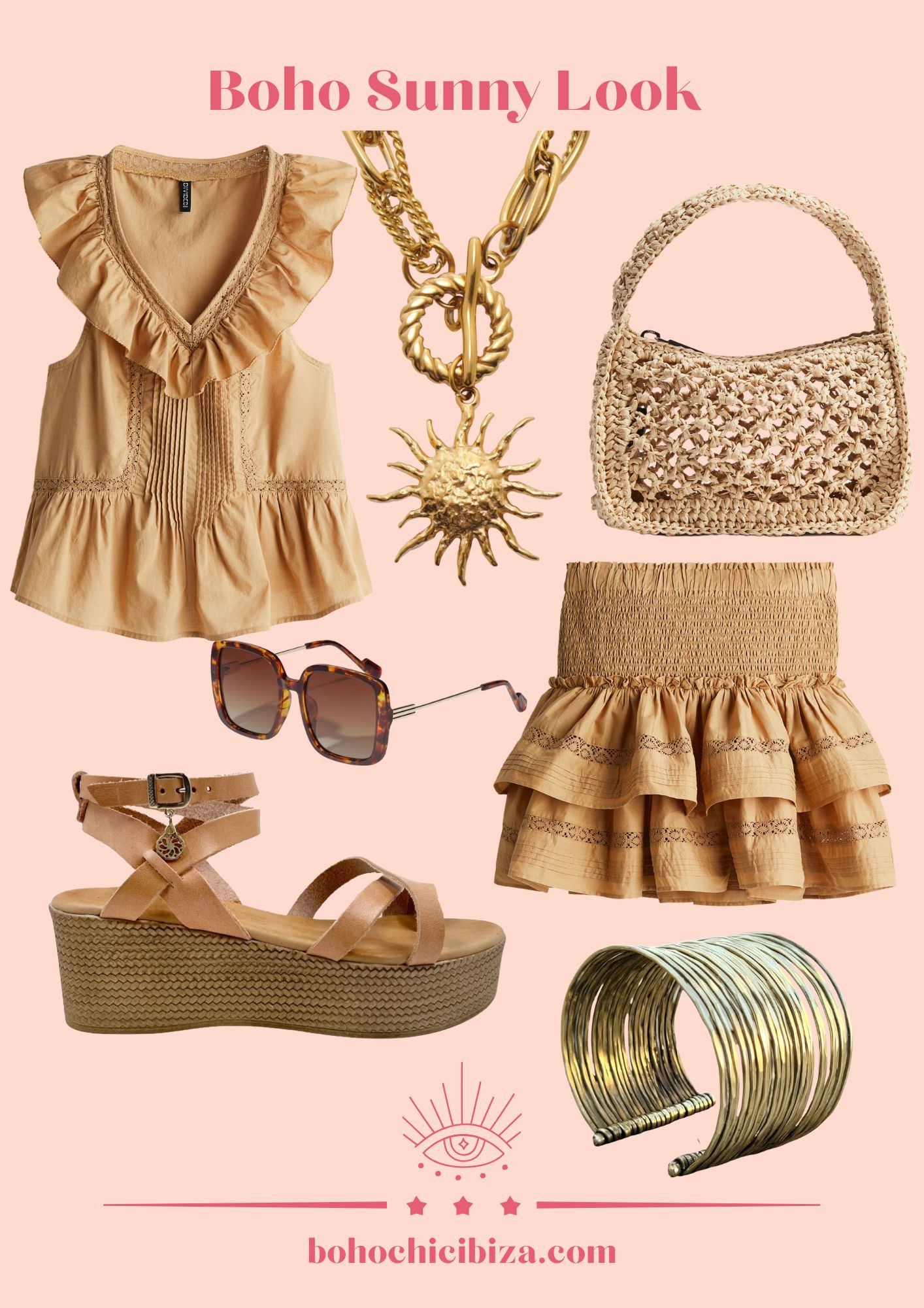 Boho Sunny Look 🔆
- Cotton top with ruffle trim
- Tiered skirt with lace inserts
- Straw bag
- Sun Pendant Necklace 
- Wide Gold Tone Cuff Bracelet
- ALIET Sunglasses
- Platform Leather Sandals 

 #LTKsummer #LTKfestival #LTKstyletip