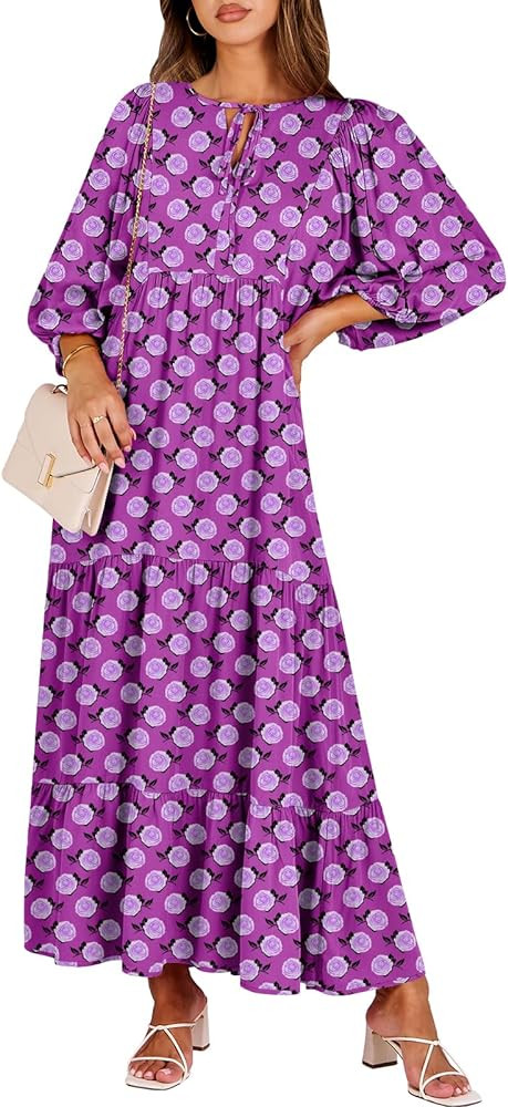ANRABESS Womens Boho Maxi Dresses 2024 Summer V Neck Puff Sleeve Floral Flowy Swing Casual Long D... | Amazon (US)
