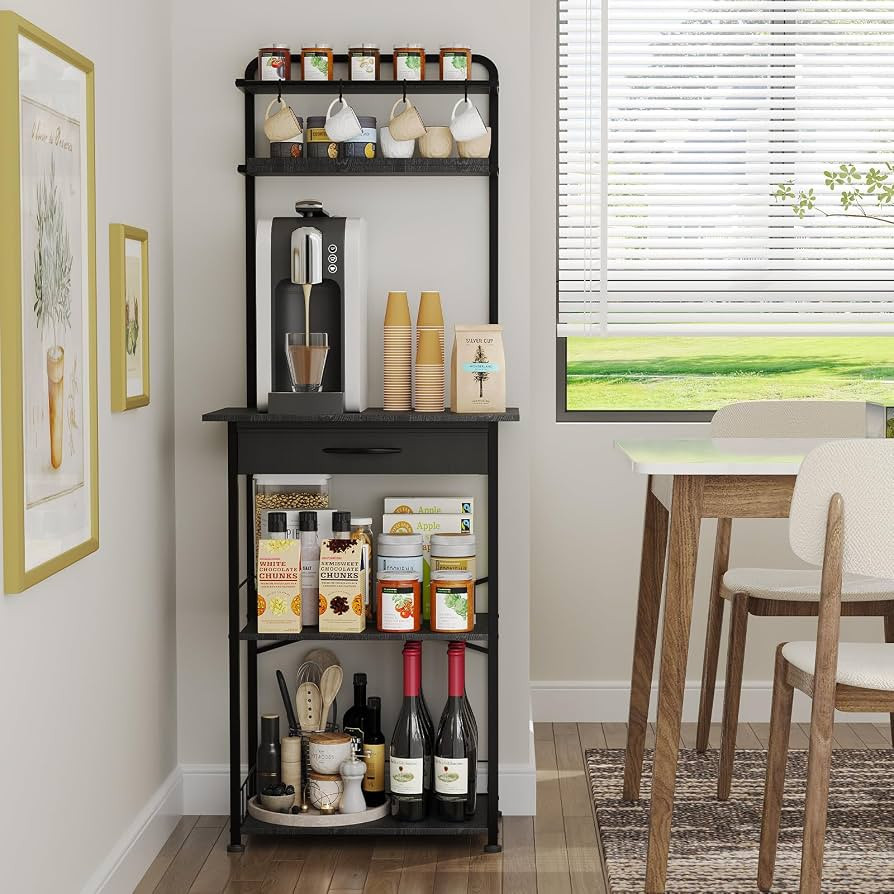 Coffee Bar Station - Bakers Rack with Fabric Drawer, Microwave Oven Storage Stand, Bakers Rack fo... | Amazon (US)