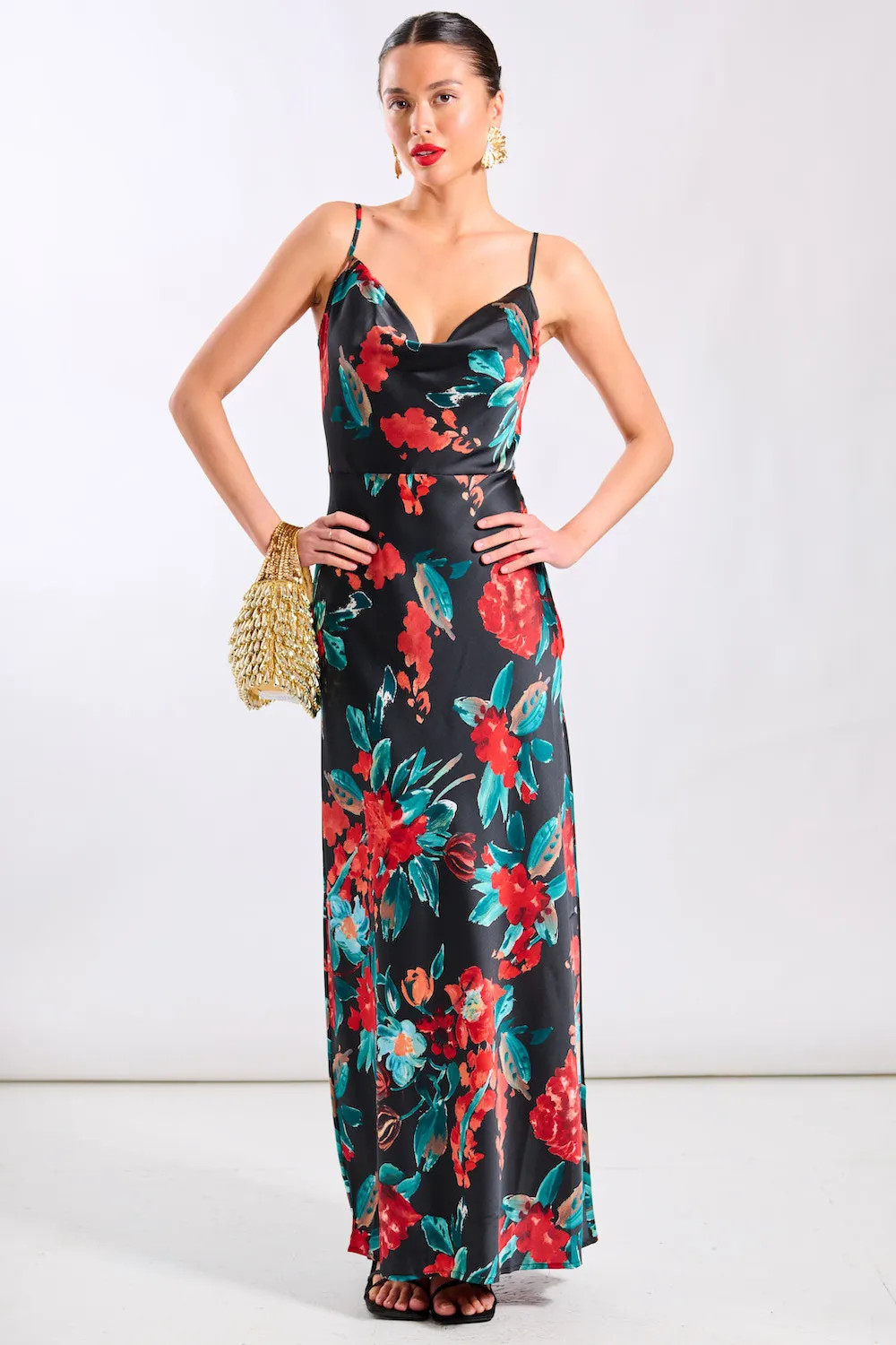 Red Needs No Label Floral Cowl Neck Satin Maxi Dress | Karen Millen | Karen Millen UK + IE + DE + NL