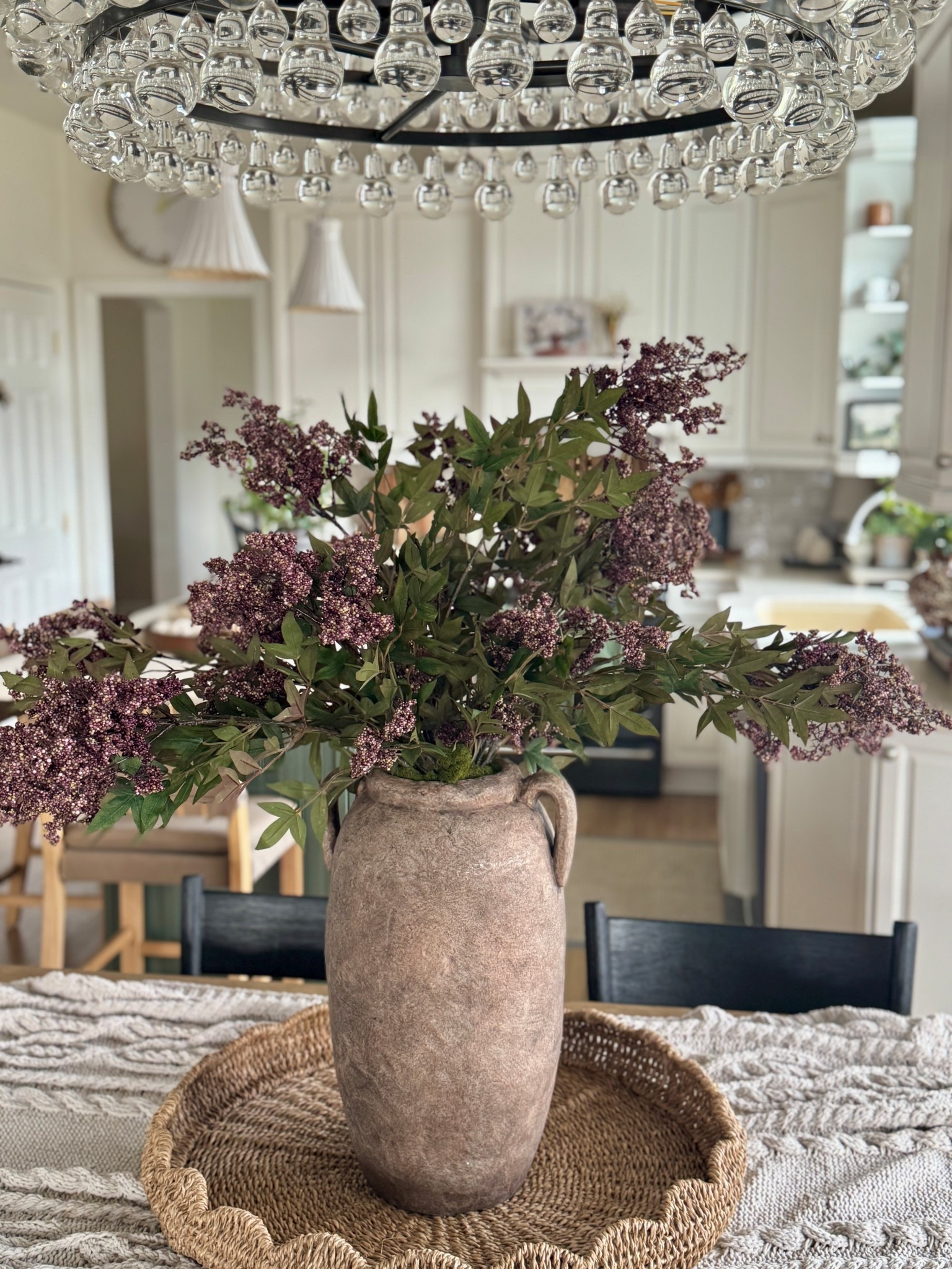 I just got these gorgeous Dusty Plum Stems that are finally back in stock and I’m loving them! They are perfect for this time of year with their lush dark green leaves and plum colored berries. They were a bit of a splurge but so worth it…. I will be displaying them now all the way through the fall season! I have five bunches in this display but I honestly think I’m going to take out two and make a second arrangement with them. Also sharing my vase and similar trays plus my scalloped pendant lights. 

#LTKHome #LTKFindsUnder50