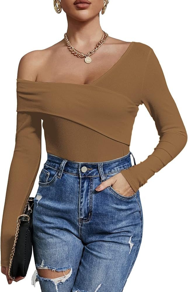 Women's Sexy Off The Shoulder Tops Long Sleeve Cross Wrap Ribbed Knit Tee Shirt Blouse | Amazon (US)
